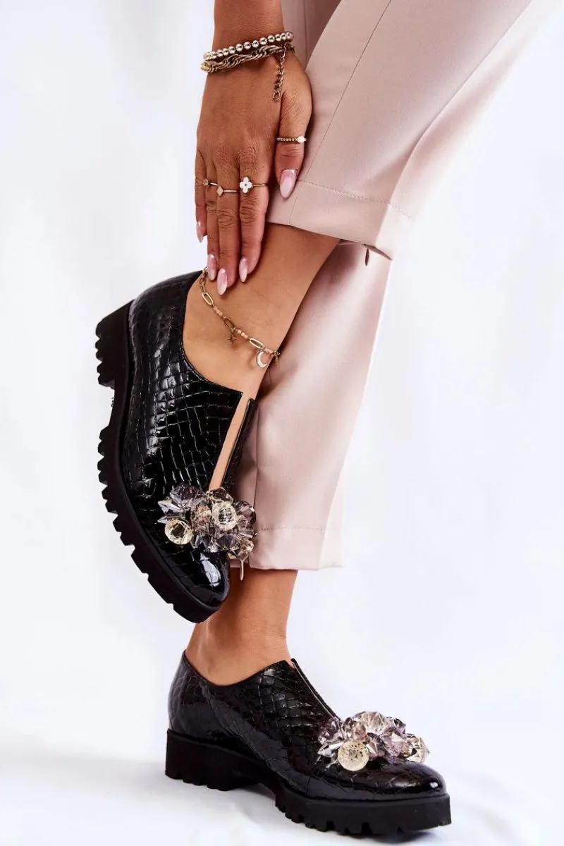 New Boto Eleganckie Lakierowane Półbuty Z Ozdobą Krokodyl Czarne Cindy Czarny