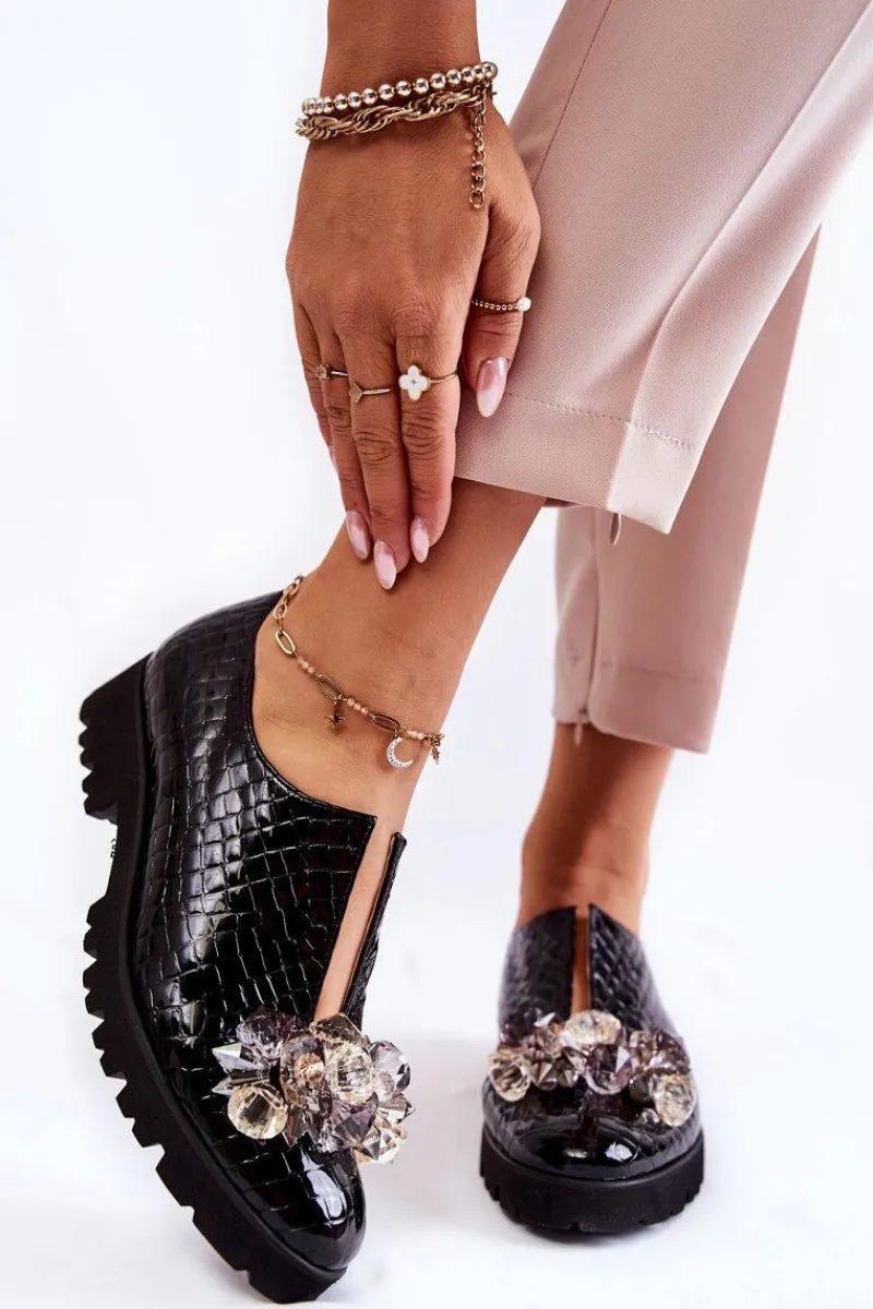 New Boto Eleganckie Lakierowane Półbuty Z Ozdobą Krokodyl Czarne Cindy Czarny