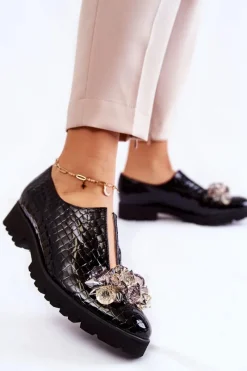 New Boto Eleganckie Lakierowane Półbuty Z Ozdobą Krokodyl Czarne Cindy Czarny
