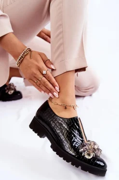 New Boto Eleganckie Lakierowane Półbuty Z Ozdobą Krokodyl Czarne Cindy Czarny