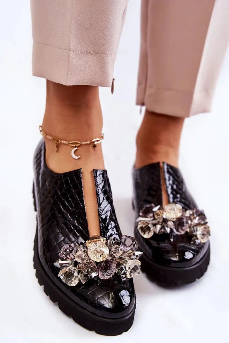 New Boto Eleganckie Lakierowane Półbuty Z Ozdobą Krokodyl Czarne Cindy Czarny