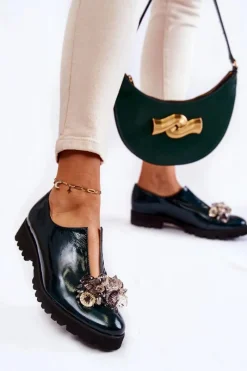 Eleganckie Lakierowane Półbuty Z Ozdobą Ciemnozielone Cindy Damskie Półbuty Lakierowane|Półbuty Skórzane