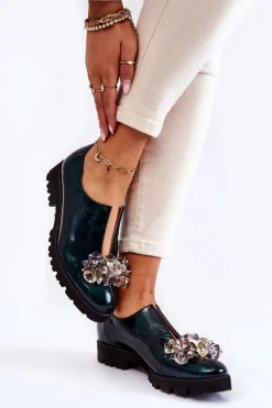 Eleganckie Lakierowane Półbuty Z Ozdobą Ciemnozielone Cindy Damskie Półbuty Lakierowane|Półbuty Skórzane