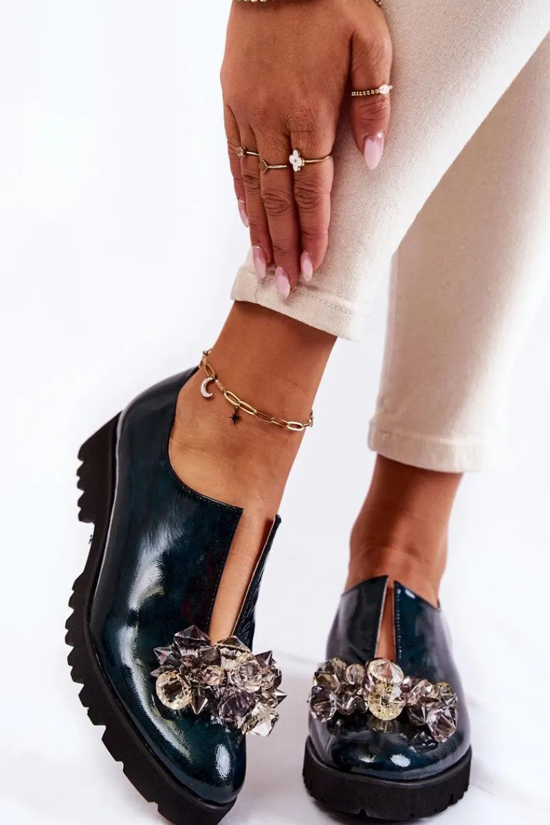 Eleganckie Lakierowane Półbuty Z Ozdobą Ciemnozielone Cindy Damskie Półbuty Lakierowane|Półbuty Skórzane