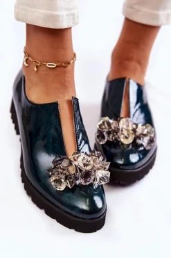 Eleganckie Lakierowane Półbuty Z Ozdobą Ciemnozielone Cindy Damskie Półbuty Lakierowane|Półbuty Skórzane