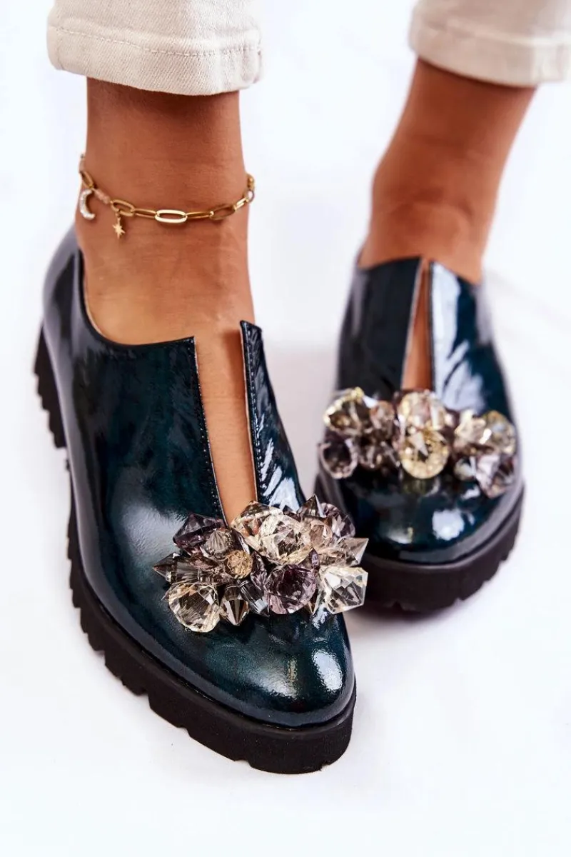 Eleganckie Lakierowane Półbuty Z Ozdobą Ciemnozielone Cindy Damskie Półbuty Lakierowane|Półbuty Skórzane