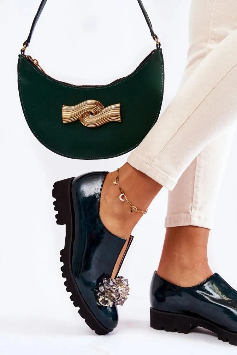 Eleganckie Lakierowane Półbuty Z Ozdobą Ciemnozielone Cindy Damskie Półbuty Lakierowane|Półbuty Skórzane