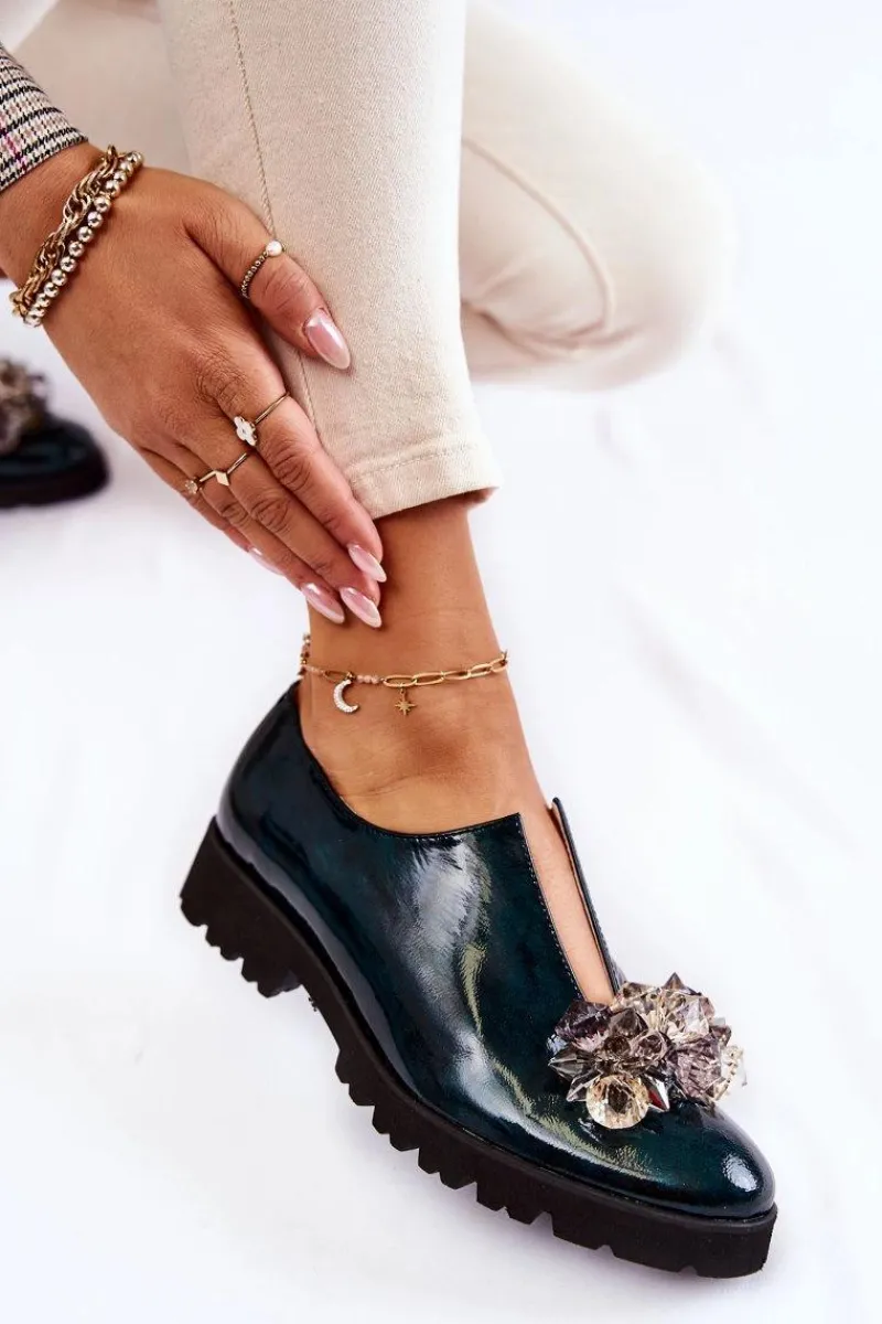 Eleganckie Lakierowane Półbuty Z Ozdobą Ciemnozielone Cindy Damskie Półbuty Lakierowane|Półbuty Skórzane