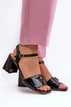 Sale Damskie buty S.Barski Eleganckie Lakierowane Sandały Na Słupku Czarne D&A MR38-660