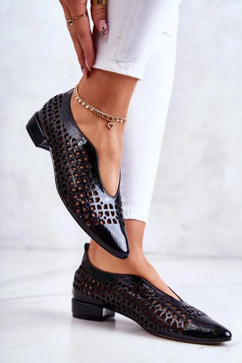 Best Eleganckie Lakierowane Skórzane Półbuty Ażurowe Czarne Ismena Damskie Półbuty Lakierowane|Półbuty Skórzane