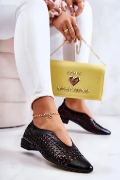 Best Eleganckie Lakierowane Skórzane Półbuty Ażurowe Czarne Ismena Damskie Półbuty Lakierowane|Półbuty Skórzane