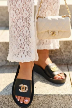 Damskie buty S.Barski Eleganckie Lekkie Klapki Damskie Z Ozdobą Skóra Naturalna S.Barski KV27-013 Czarne