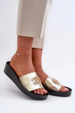 Online Eleganckie Lekkie Klapki Damskie Z Ozdobą Skóra Naturalna S.Barski KV27-013 Złote Damskie Klapki Na Koturnie|Klapki Na Platformie