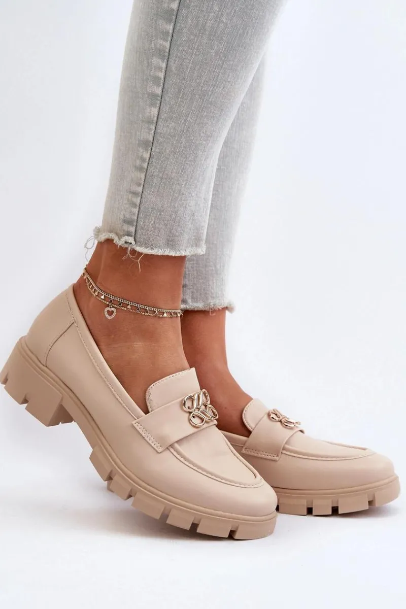 Hot Boto Eleganckie Mokasyny Damskie Ze Złotą Ozdobą Beżowe Tosisa