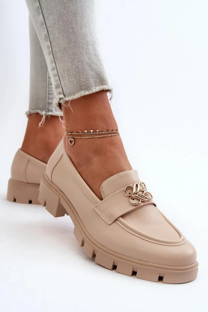 Hot Boto Eleganckie Mokasyny Damskie Ze Złotą Ozdobą Beżowe Tosisa