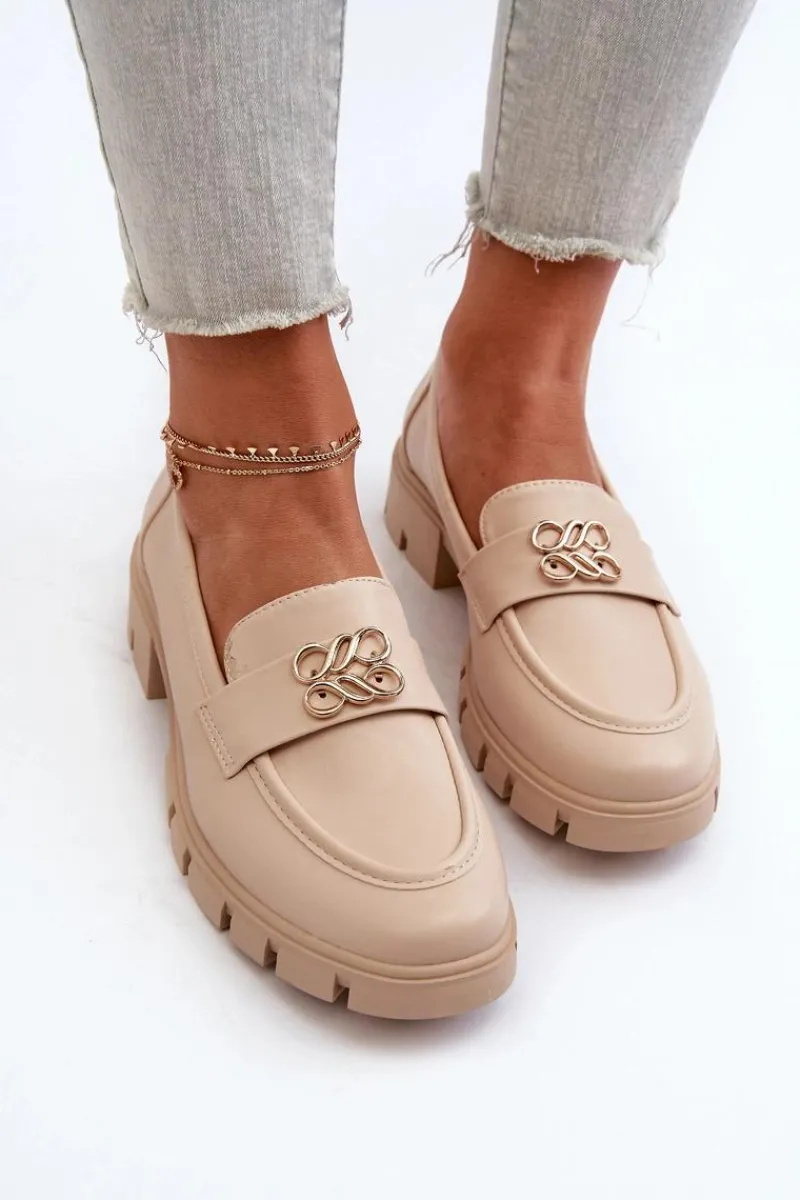 Hot Boto Eleganckie Mokasyny Damskie Ze Złotą Ozdobą Beżowe Tosisa