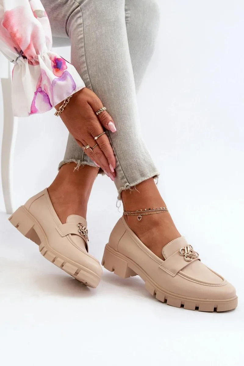 Hot Boto Eleganckie Mokasyny Damskie Ze Złotą Ozdobą Beżowe Tosisa