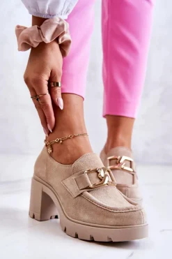 Półbuty Skórzane>Boto Eleganckie Półbuty Na Słupku Ze Złotą Ozdobą Jasnobeżowe Lemar Harmell Beżowy