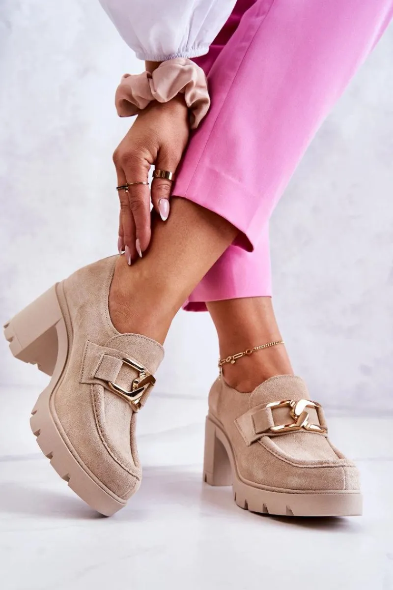 Półbuty Skórzane>Boto Eleganckie Półbuty Na Słupku Ze Złotą Ozdobą Jasnobeżowe Lemar Harmell Beżowy