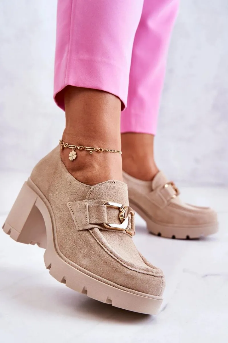 Półbuty Skórzane>Boto Eleganckie Półbuty Na Słupku Ze Złotą Ozdobą Jasnobeżowe Lemar Harmell Beżowy