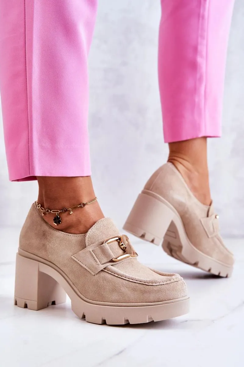 Półbuty Skórzane>Boto Eleganckie Półbuty Na Słupku Ze Złotą Ozdobą Jasnobeżowe Lemar Harmell Beżowy