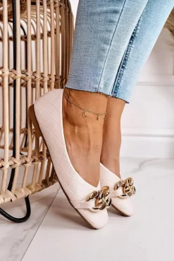 Baleriny Klasyczne>Boto Eleganckie Pikowane Baleriny Z Łańcuchem Beżowe Coco