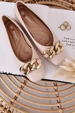Baleriny Klasyczne>Boto Eleganckie Pikowane Baleriny Z Łańcuchem Beżowe Coco