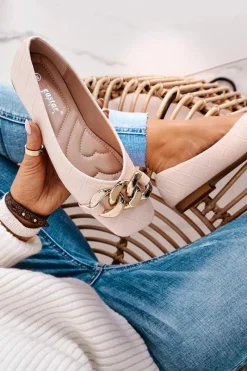 Baleriny Klasyczne></noscript>Boto Eleganckie Pikowane Baleriny Z Łańcuchem Beżowe Coco