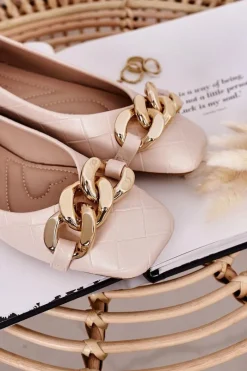 Baleriny Klasyczne></noscript>Boto Eleganckie Pikowane Baleriny Z Łańcuchem Beżowe Coco