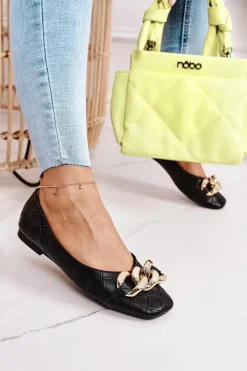 Baleriny Klasyczne></noscript>Boto Eleganckie Pikowane Baleriny Z Łańcuchem Czarne Coco