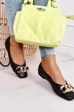 Baleriny Klasyczne></noscript>Boto Eleganckie Pikowane Baleriny Z Łańcuchem Czarne Coco