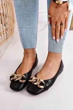 Baleriny Klasyczne></noscript>Boto Eleganckie Pikowane Baleriny Z Łańcuchem Czarne Coco