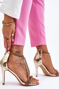 Hot Damskie buty S.Barski Eleganckie Sandałki Na Szpilce Z Dżetami Złote Jenesis