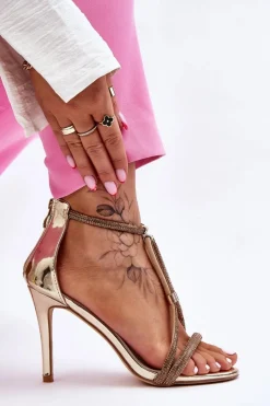 Hot Damskie buty S.Barski Eleganckie Sandałki Na Szpilce Z Dżetami Złote Jenesis