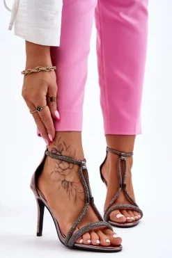 Szpilki Lakierowane|Sandały Na Obcasie>Damskie buty S.Barski Eleganckie Sandałki Na Szpilce Z Dżetami Srebrne Jenesis Srebrny