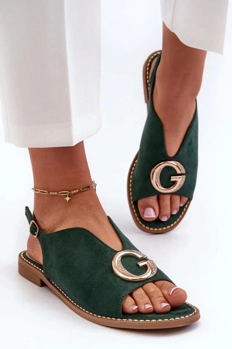 Hot Eleganckie Sandały Damskie Z Ozdobą Eko Zamszowe S.Barski KV27-058 Zielone Damskie Sandały Płaskie