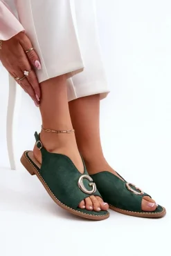 Hot Eleganckie Sandały Damskie Z Ozdobą Eko Zamszowe S.Barski KV27-058 Zielone Damskie Sandały Płaskie