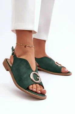 Hot Eleganckie Sandały Damskie Z Ozdobą Eko Zamszowe S.Barski KV27-058 Zielone Damskie Sandały Płaskie