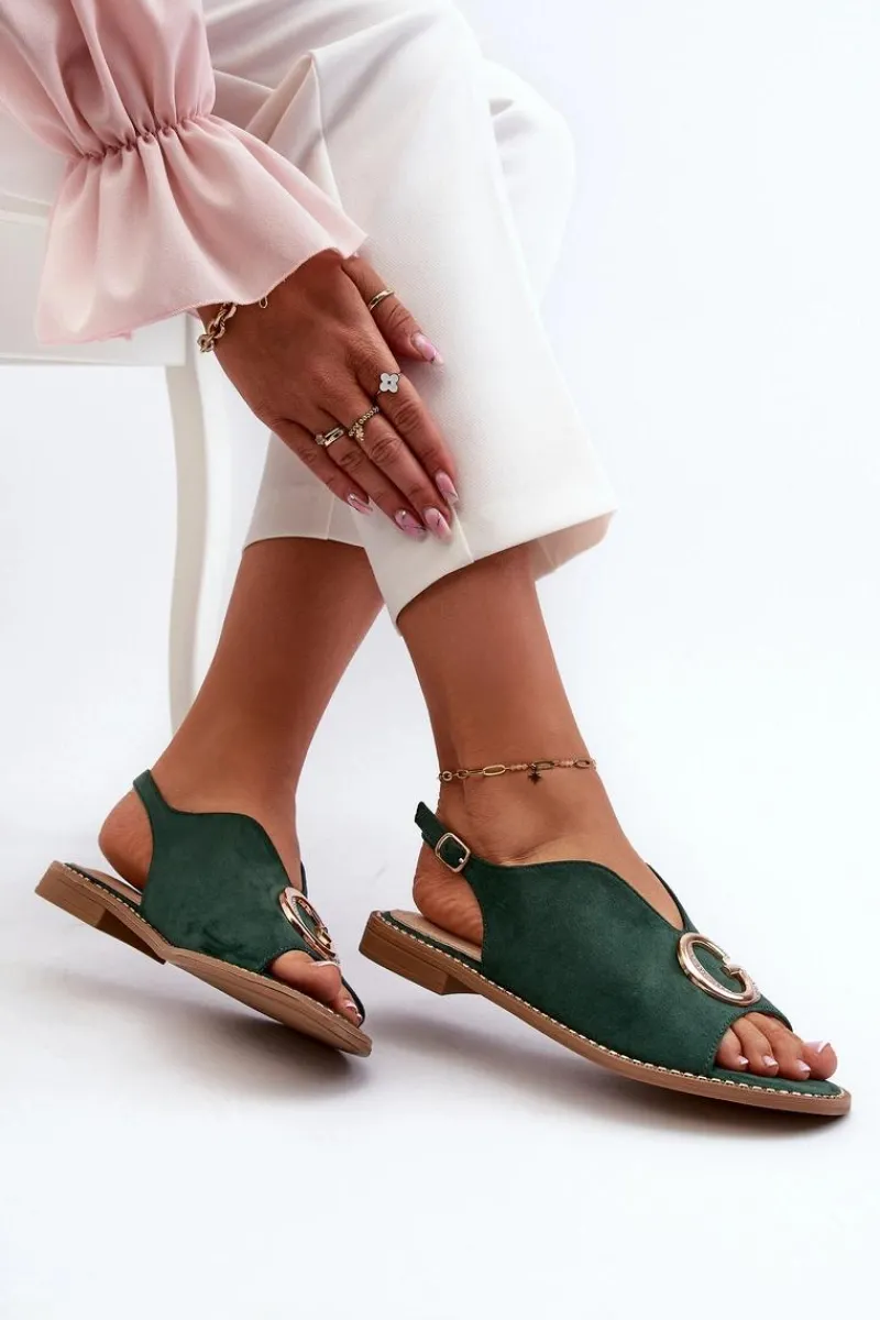 Hot Eleganckie Sandały Damskie Z Ozdobą Eko Zamszowe S.Barski KV27-058 Zielone Damskie Sandały Płaskie
