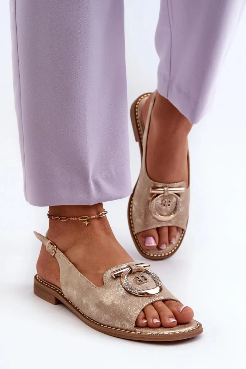 Sandały Płaskie>Damskie buty S.Barski Eleganckie Sandały Damskie Ze Złotą Ozdobą Na Płaskim Obcasie Złote S.Barski KV27-053