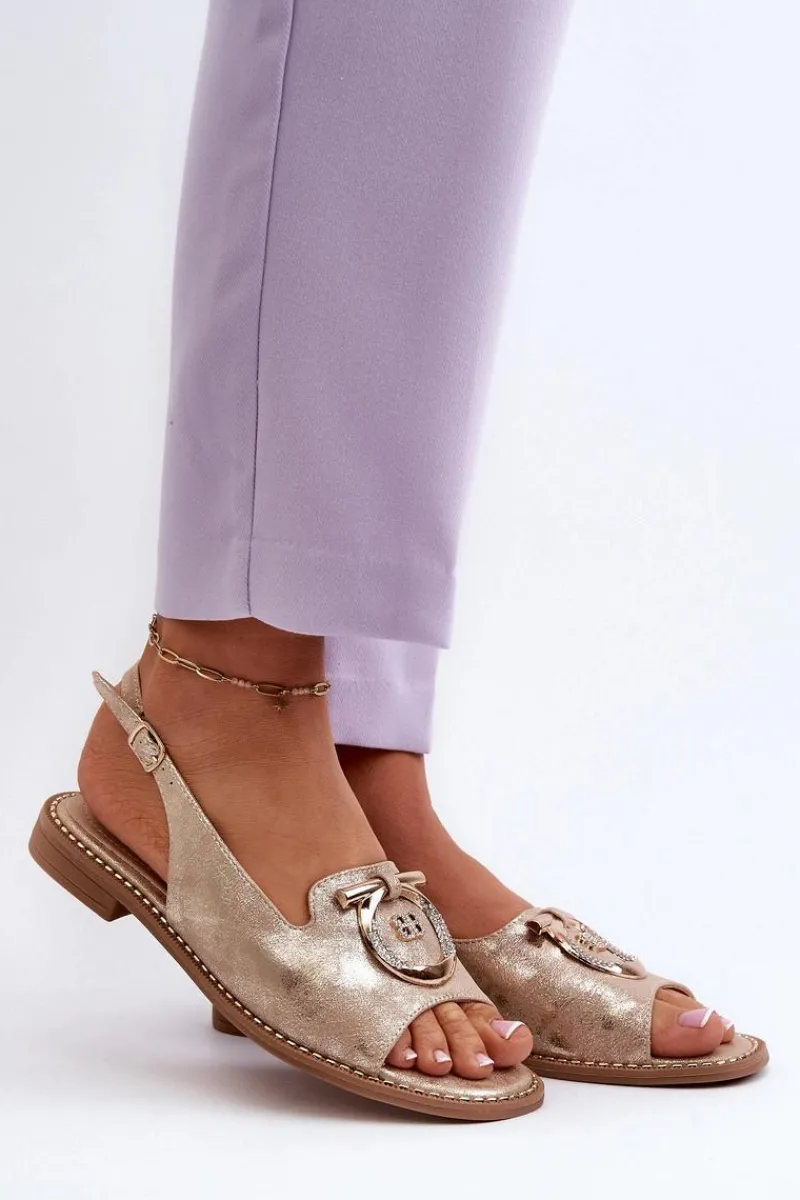 Sandały Płaskie>Damskie buty S.Barski Eleganckie Sandały Damskie Ze Złotą Ozdobą Na Płaskim Obcasie Złote S.Barski KV27-053