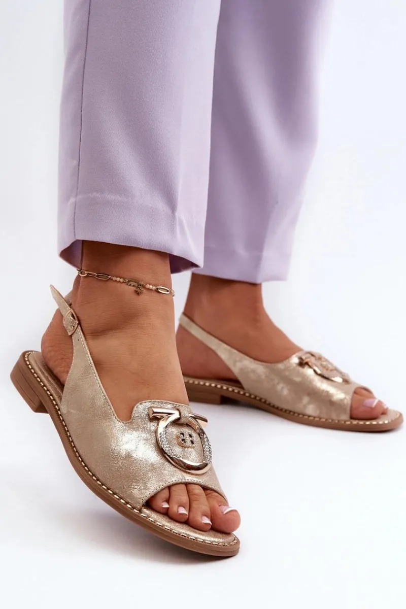 Sandały Płaskie>Damskie buty S.Barski Eleganckie Sandały Damskie Ze Złotą Ozdobą Na Płaskim Obcasie Złote S.Barski KV27-053