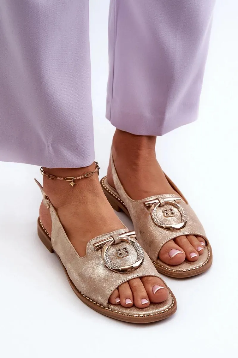 Sandały Płaskie>Damskie buty S.Barski Eleganckie Sandały Damskie Ze Złotą Ozdobą Na Płaskim Obcasie Złote S.Barski KV27-053