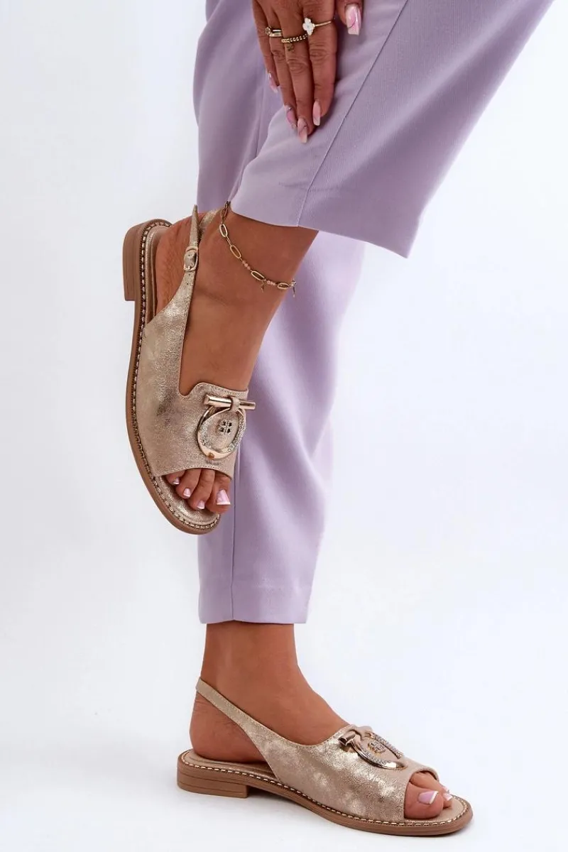 Sandały Płaskie>Damskie buty S.Barski Eleganckie Sandały Damskie Ze Złotą Ozdobą Na Płaskim Obcasie Złote S.Barski KV27-053