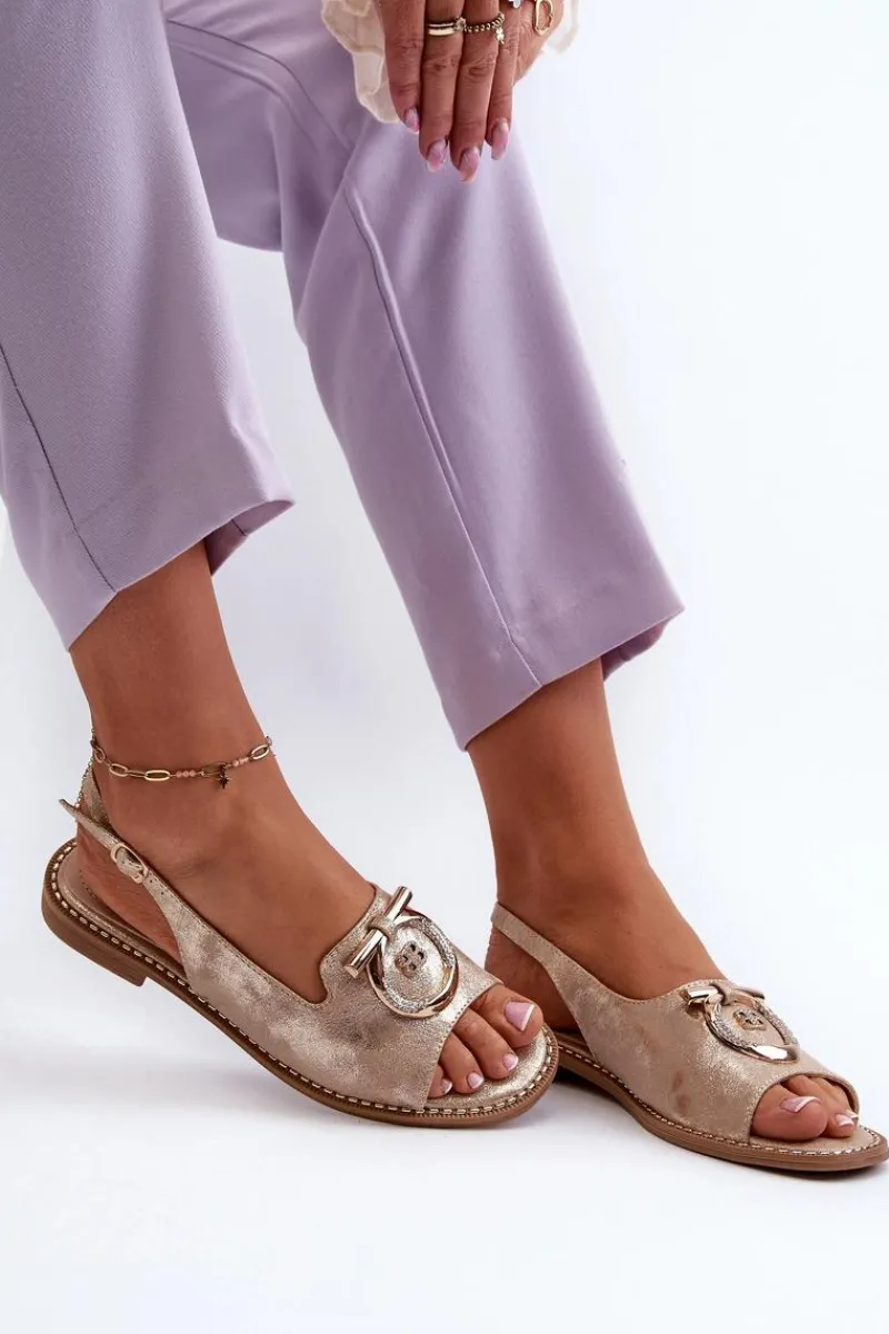 Sandały Płaskie>Damskie buty S.Barski Eleganckie Sandały Damskie Ze Złotą Ozdobą Na Płaskim Obcasie Złote S.Barski KV27-053