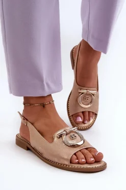 New Eleganckie Sandały Damskie Ze Złotą Ozdobą Na Płaskim Obcasie Różowe Złoto S.Barski KV27-053 Damskie Sandały Płaskie