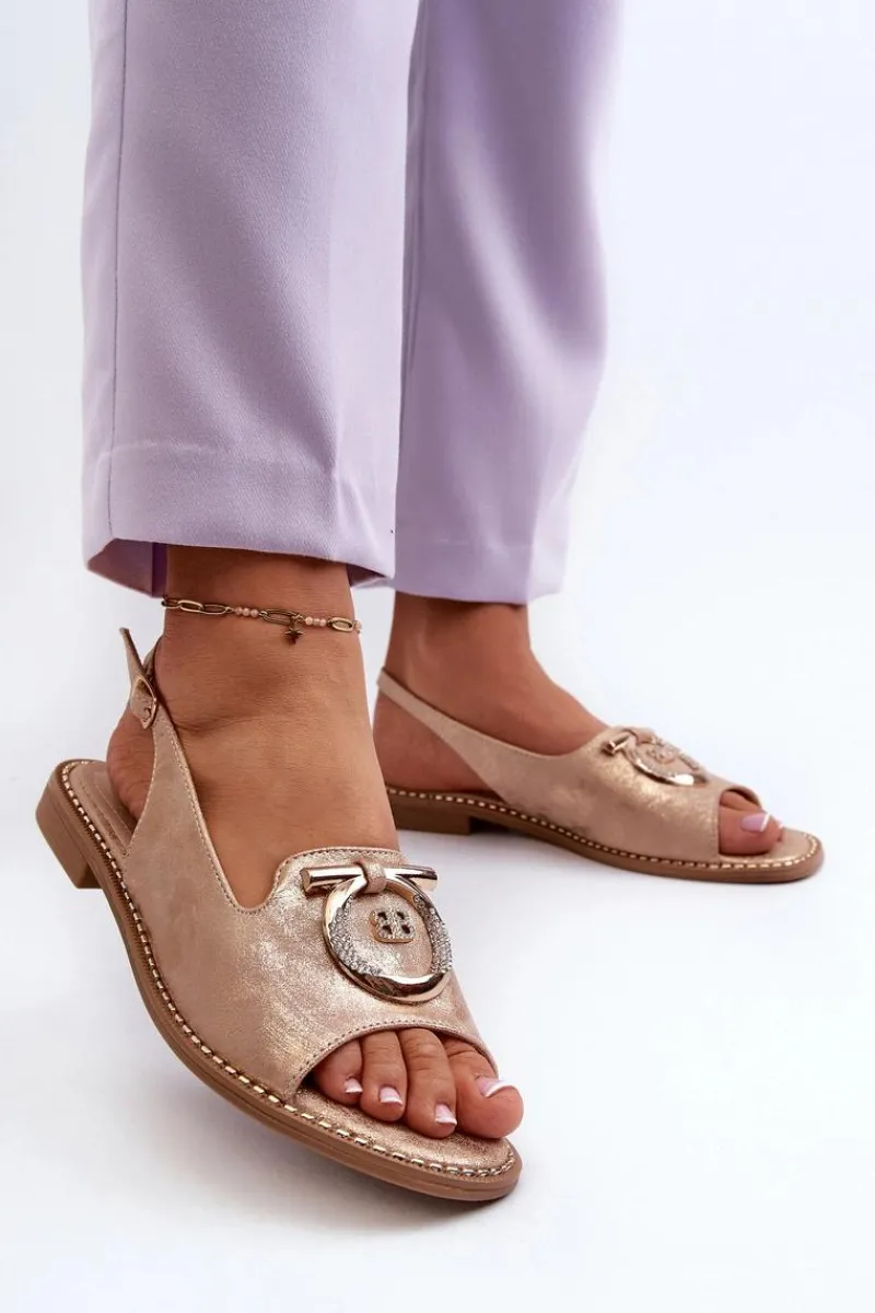 New Eleganckie Sandały Damskie Ze Złotą Ozdobą Na Płaskim Obcasie Różowe Złoto S.Barski KV27-053 Damskie Sandały Płaskie