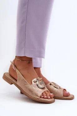 New Eleganckie Sandały Damskie Ze Złotą Ozdobą Na Płaskim Obcasie Różowe Złoto S.Barski KV27-053 Damskie Sandały Płaskie