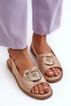 New Eleganckie Sandały Damskie Ze Złotą Ozdobą Na Płaskim Obcasie Różowe Złoto S.Barski KV27-053 Damskie Sandały Płaskie