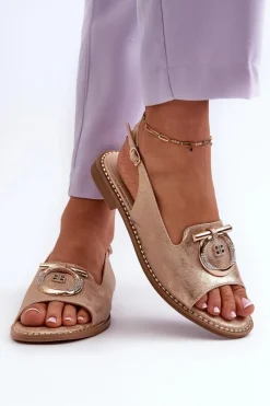 New Eleganckie Sandały Damskie Ze Złotą Ozdobą Na Płaskim Obcasie Różowe Złoto S.Barski KV27-053 Damskie Sandały Płaskie